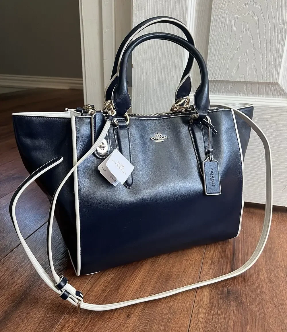 COACH Crosby Navy White Leather Contrast Large Carryall Tote Bag BRAND NEW $395
